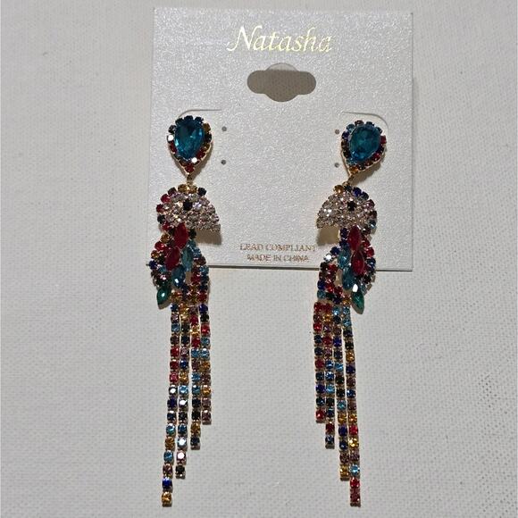 Natasha Jeweled Multi Color Tropical Parrot Bird Statement Earrings New - Picture 1 of 8
